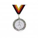 Medaille D=70mm, Fussball (B) inkl. 22mm Band, Silberfarbig