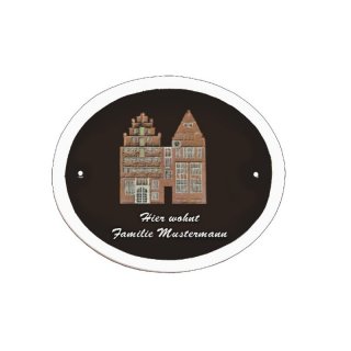 Namensschild Decoramic Oval 190x160mm  braun/weiss, Motiv der Stadt Bremen zwei Huser