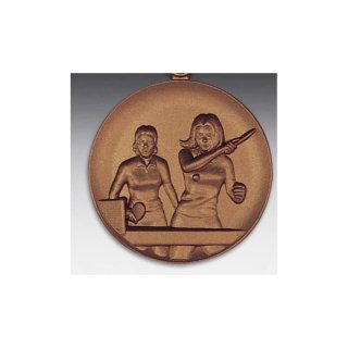 Emblem D=50mm Tischtennis - Doppel, Frau, bronzefarben in Kunststoff fr Pokale und Medaillen