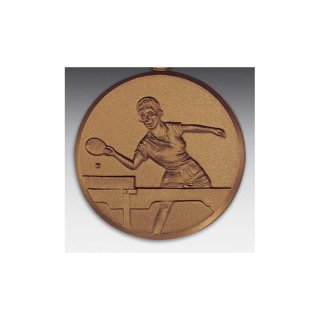 Emblem D=50mm Tischtennis- Frau,  bronzefarben, siber- oder goldfarben