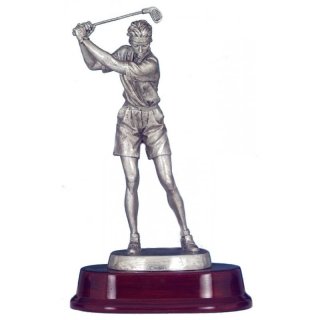 Figur Golfer beim Abschlag auf Holzsockel silberfarben 22 cm inkl. Gravurschild und Textgravur