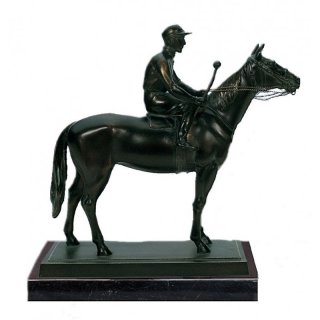 Figur Pferd m. Jockey sitzend  bronziert 27cm