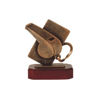 Figur Pokal Trophe Schiederichter Pfeife auf Mahagoni Lok Holzsockel, incl einer Textgravur