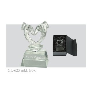 Glas Herz mit Box, Kristallhnde in Herzform auf einem Kristall in schwarzer Geschenkbox, gravurfhig H=14 B.8