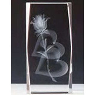 Kristallglas 3d-Herzrose 110mm Quader 8x5x5cm, Sockel 7x3cm