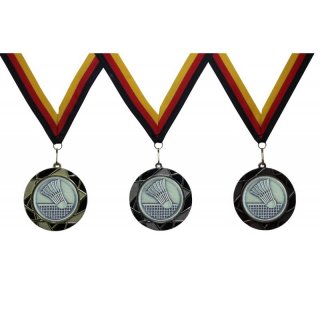 Medaille  Badminton D=70mm in 3D, inkl.  22mm Band, Goldfarbig