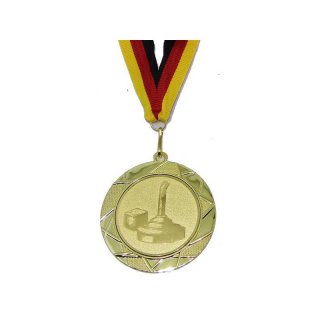 Medaille D=70mm, Eisstockschieen inkl. 22mm Band, Goldfarbig