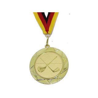Medaille D=70mm, Golfschlger gekreuzt inkl. 22mm Band, Goldfarbig