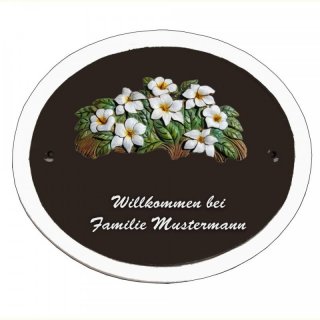 Namensschild Decoramic Oval 280x240mm  braun/weiss, Premium Motiv Blumen