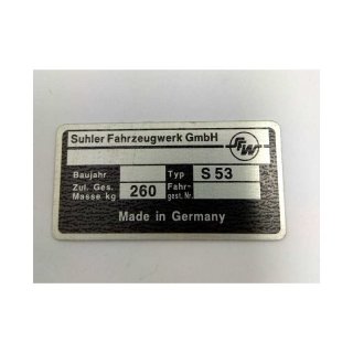 Typenschild -  Simson Mokick S53 - Suhler Fahrzeugwerk GmbH - 1992 bis 1998