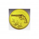 Emblem D=50mm Pistole / Colt, goldfarben in Kunststoff f�r Pokale und Medaillen