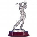 Figur Golfer beim Abschlag auf Holzsockel silberfarben 22 cm inkl. Gravurschild und Textgravur