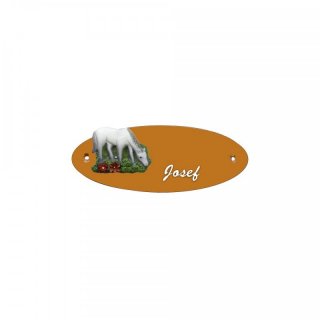 Namensschild Oval- Klassik 170x70mm  Terrakotta Motiv Pferd weiss grasend
