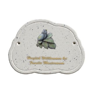 Decoramic Wolkentraum Granitgrau, Motiv Vogel lila links