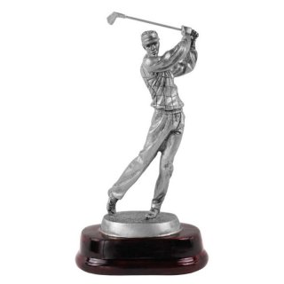 Figur Golfer beim Abschlag auf Holzsockel silberfarben 22 cm