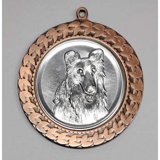 Medaille  Collie D=70mm in 3D, inkl.  22mm Band, Bronzefarbig