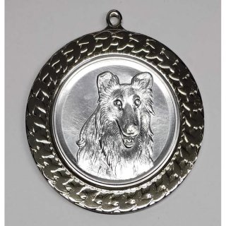 Medaille  Collie D=70mm in 3D, inkl.  22mm Band, Silberfarbig