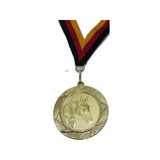 Medaille D=70mm, Pferdekopf inkl. 22mm Band, Goldfarbig