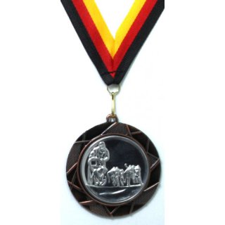 Medaille  Hundeschlitten Rennen D=70mm in 3D, inkl.  22mm Band, Bronzefarbig