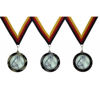 Medaille  Pferdekopf D=70mm in 3D, inkl.  22mm Band, Goldfarbig