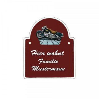 Namensschild Bogen- Klassik 140x170mm  braun Motiv Motorrad Oldtimer