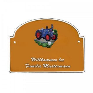 Namensschild Bogen- Klassik 140x170mm  grn Motiv Traktor Lanz