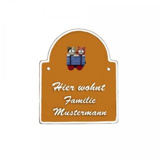 Namensschild Bogen- Klassik 140x170mm  terrakotta Motiv Familie Katzenpaar