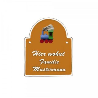 Namensschild Bogen- Klassik 140x170mm  terrakotta Motiv Familie Lok