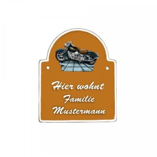 Namensschild Bogen- Klassik 140x170mm  terrakotta Motiv Motorrad Oldtimer