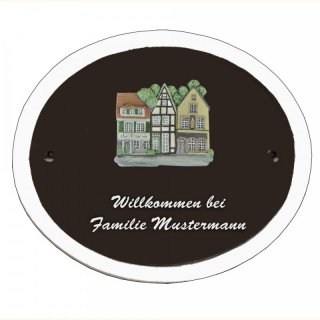 Namensschild Decoramic Oval 280x240mm  braun/weiss, Motiv der Stadt Bremen Huser