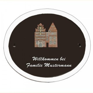 Namensschild Decoramic Oval 280x240mm  braun/weiss, Motiv der Stadt Bremen zwei Huser