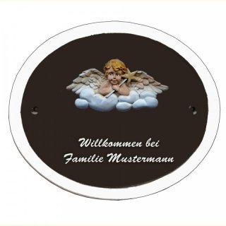 Namensschild Decoramic Oval 280x240mm  braun/weiss, Premium Motiv Engel