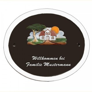 Namensschild Decoramic Oval 280x240mm  braun/weiss, Premium Motiv Toskana Stimmung