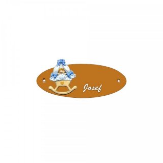 Namensschild Oval- Klassik 170x70mm  Terrakotta Motiv Babywiege blau