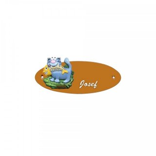 Namensschild Oval- Klassik 170x70mm  Terrakotta Motiv Katze mit Fisch