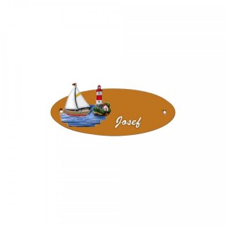 Namensschild Oval- Klassik 170x70mm  Terrakotta Motiv Segelboot & Leuchturm