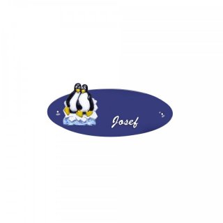 Namensschild Oval- Klassik 170x70mm  blau Motiv Pinguin Paar
