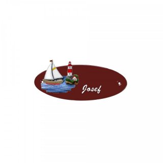Namensschild Oval- Klassik 170x70mm  braun Motiv Segelboot & Leuchturm